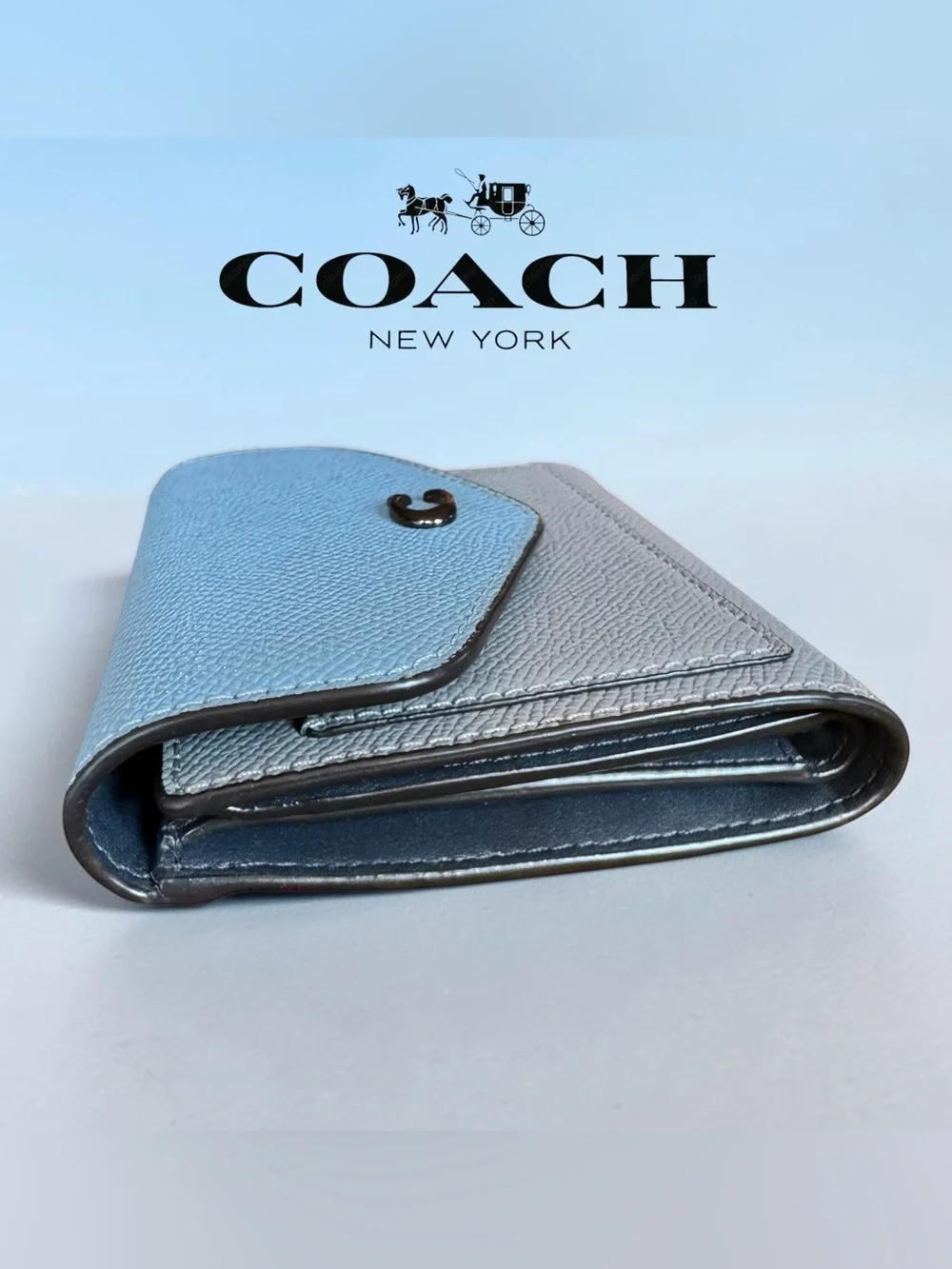 COACH Wyn Small Wallet in Dove Grey and Sky Blue Multi Colorblock.